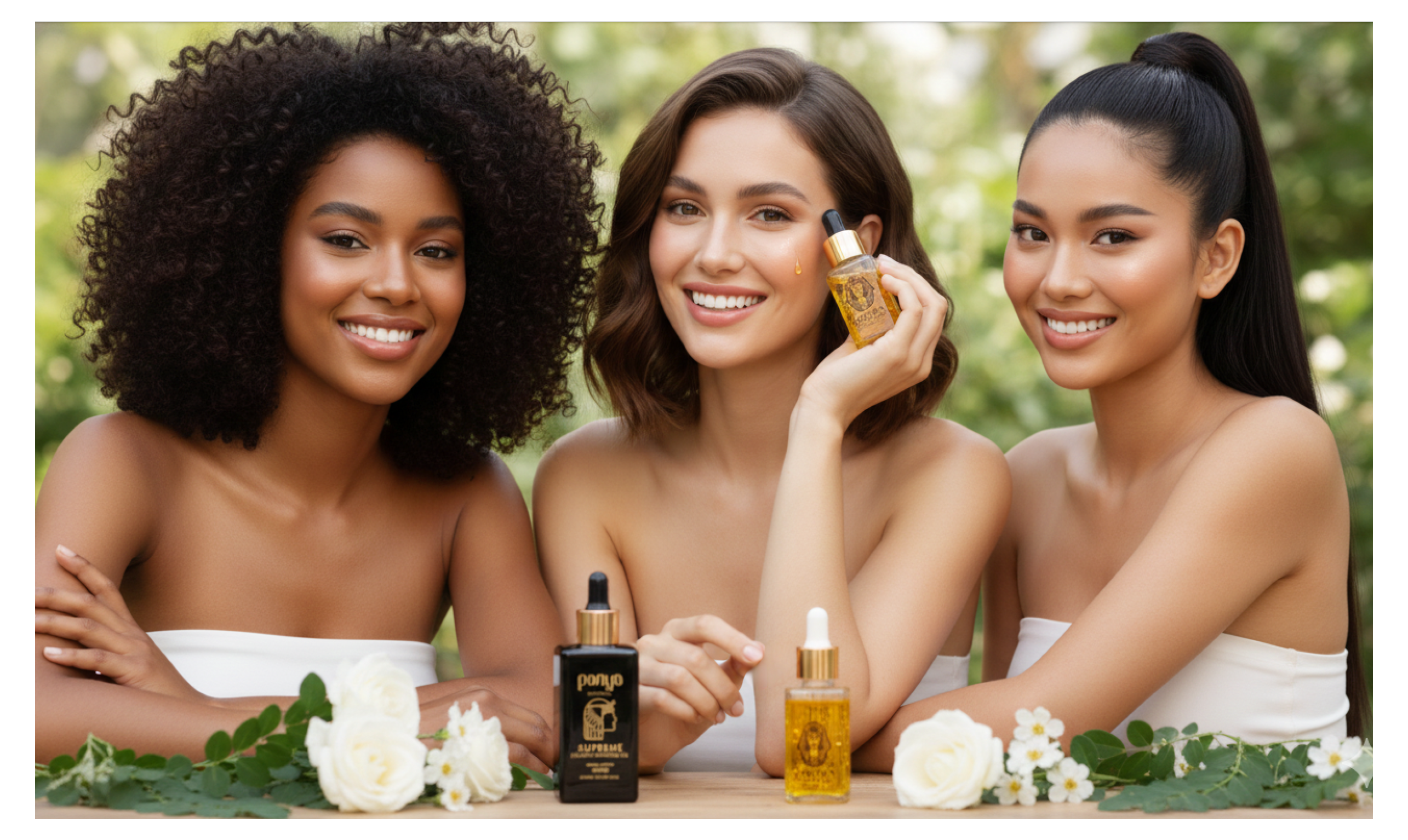 Three women with bottles of Golden Moringa Skincare 