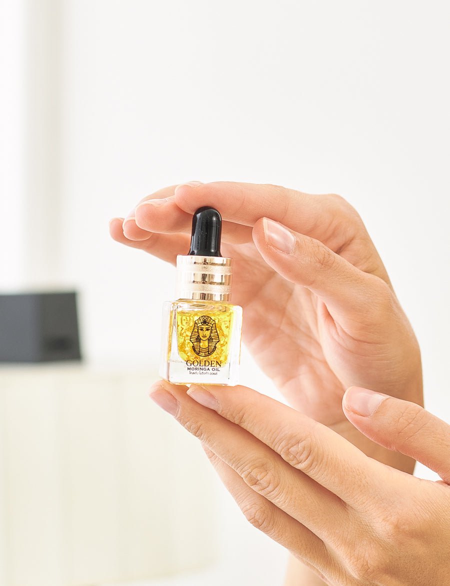 Panya Natural Golden Moringa Oil: Luxurious, rejuvenating organic Thai moringa oil skincare with real 24k gold