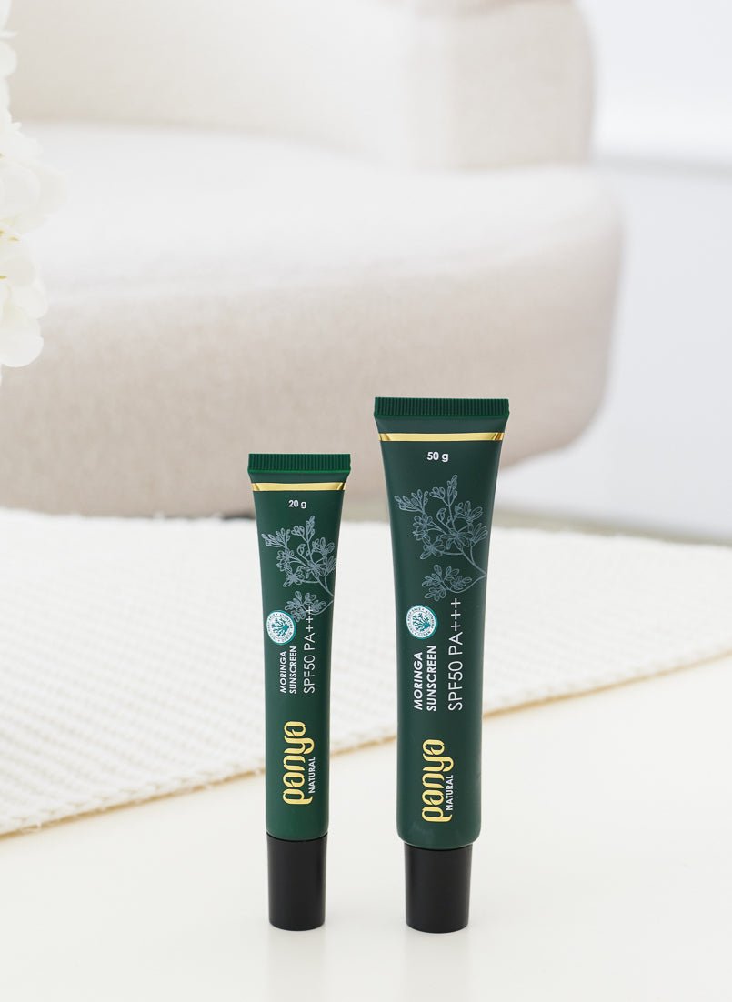 Panya Moringa Sunscreen SPF50:  organic moringa-oil infused, waterproof & blemish reducing. Thai made, for intense sun and pollution protection.